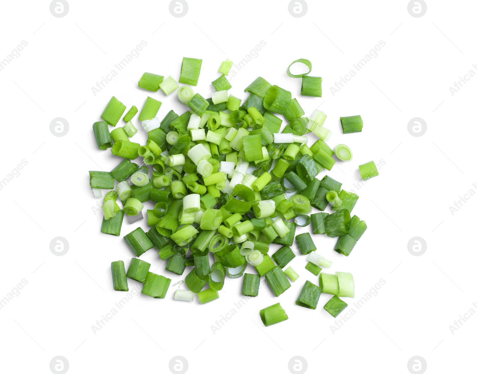 Photo of Pile of fresh green onion on white background, top view