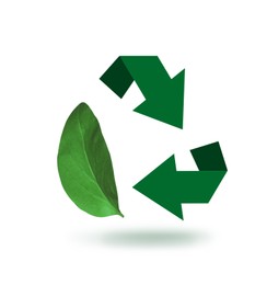 Image of Recycling symbol made of arrows and green leaf on white background