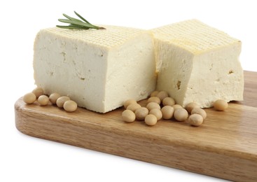 Photo of Pieces of delicious tofu with rosemary and soy on white background