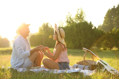 Photo of Happy couple with guitar and picnic basket in park on sunny day