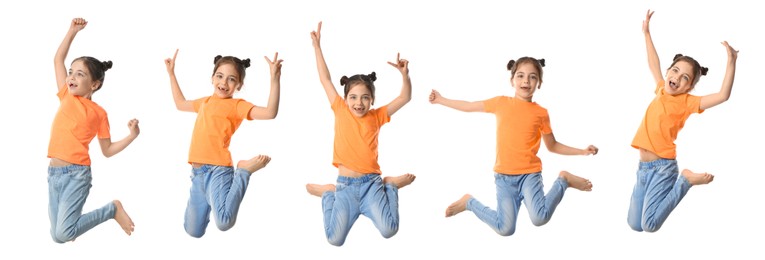 Cute little girl jumping on white background, collage. Banner design