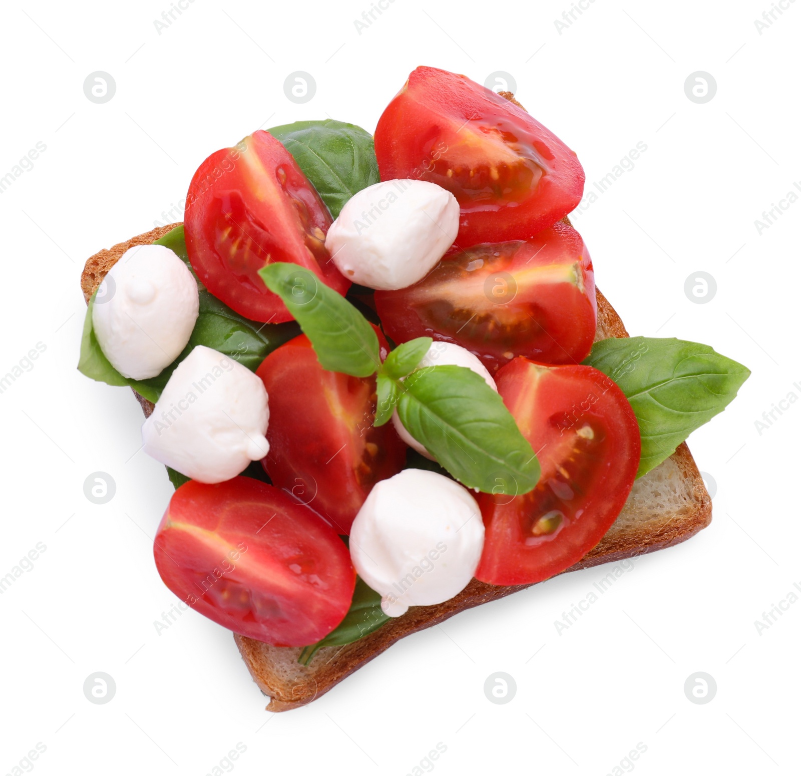 Photo of Delicious Caprese sandwich with mozzarella, tomatoes, basil and pesto sauce isolated on white, top view