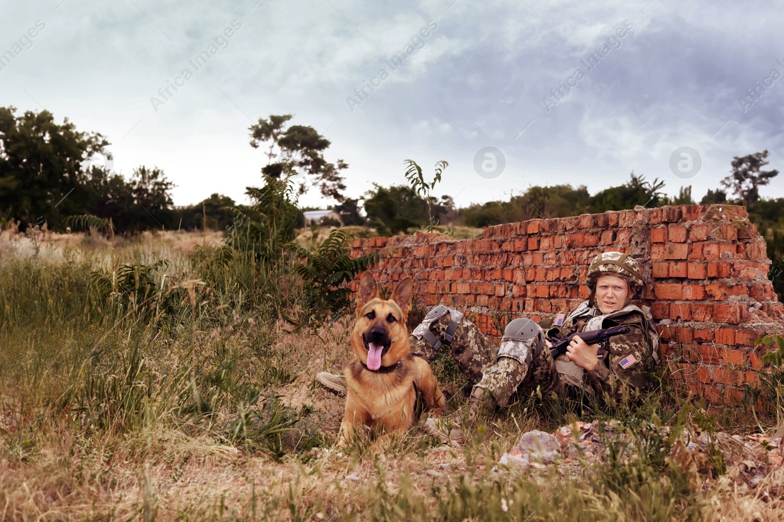 Image of Man in military uniform with German shepherd dog near broken brick wall