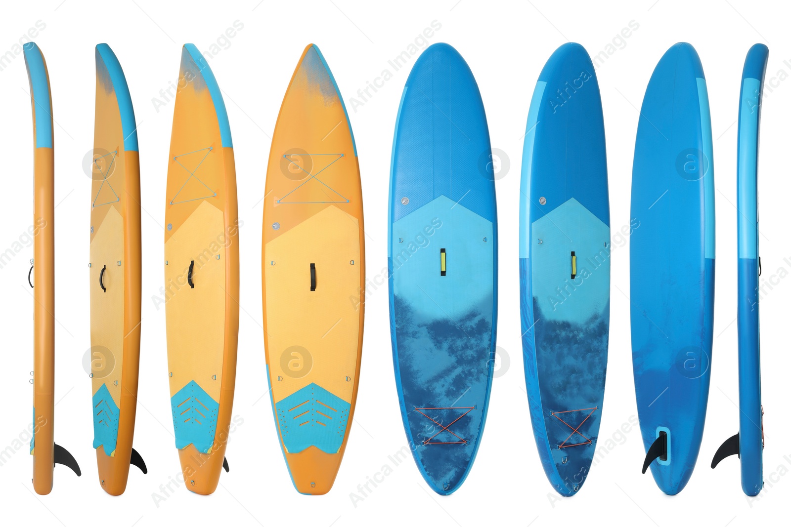 Image of Collage with SUP boards with paddle isolated on white, different sides