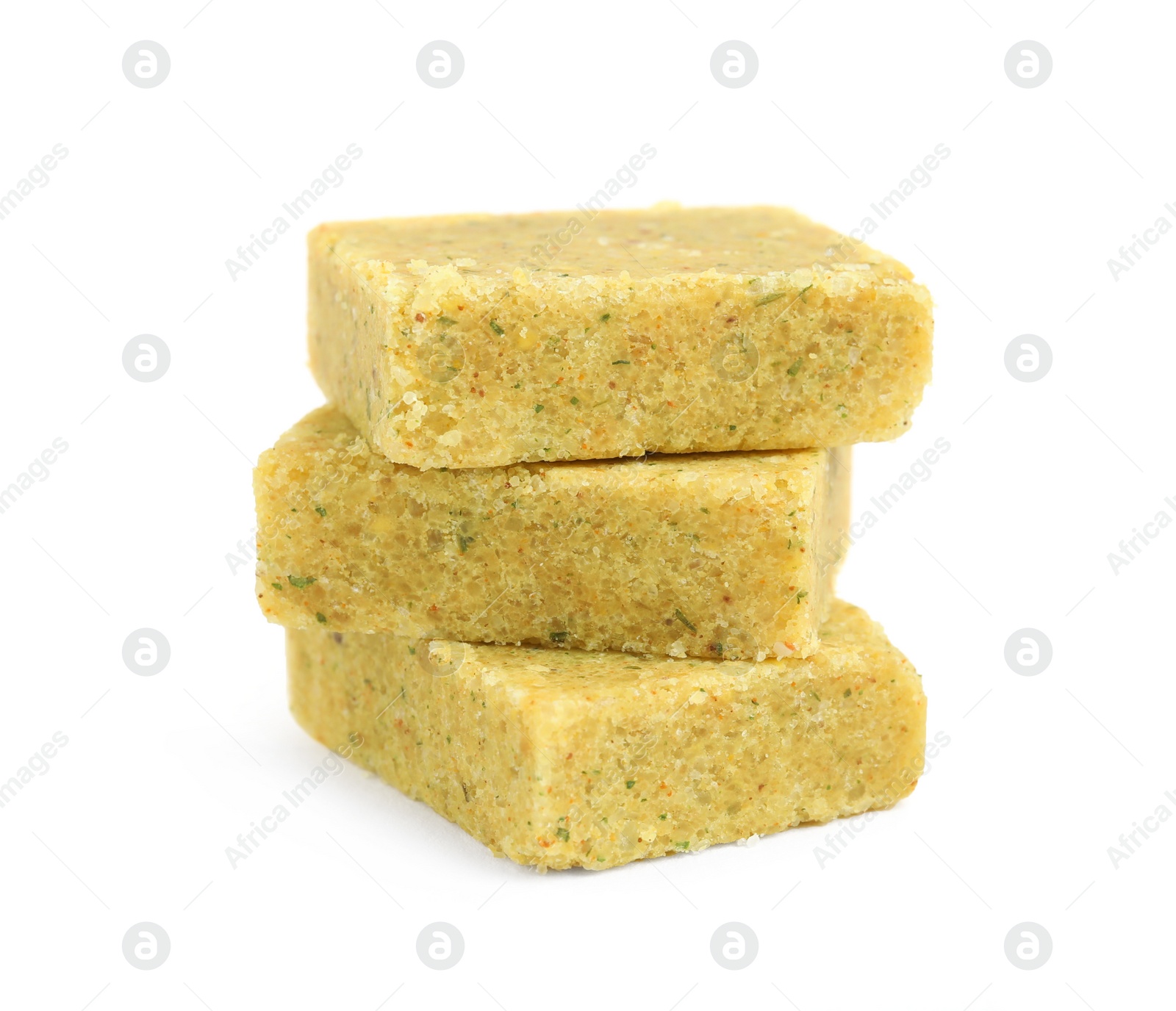 Photo of Bouillon cubes on white background. Broth concentrate