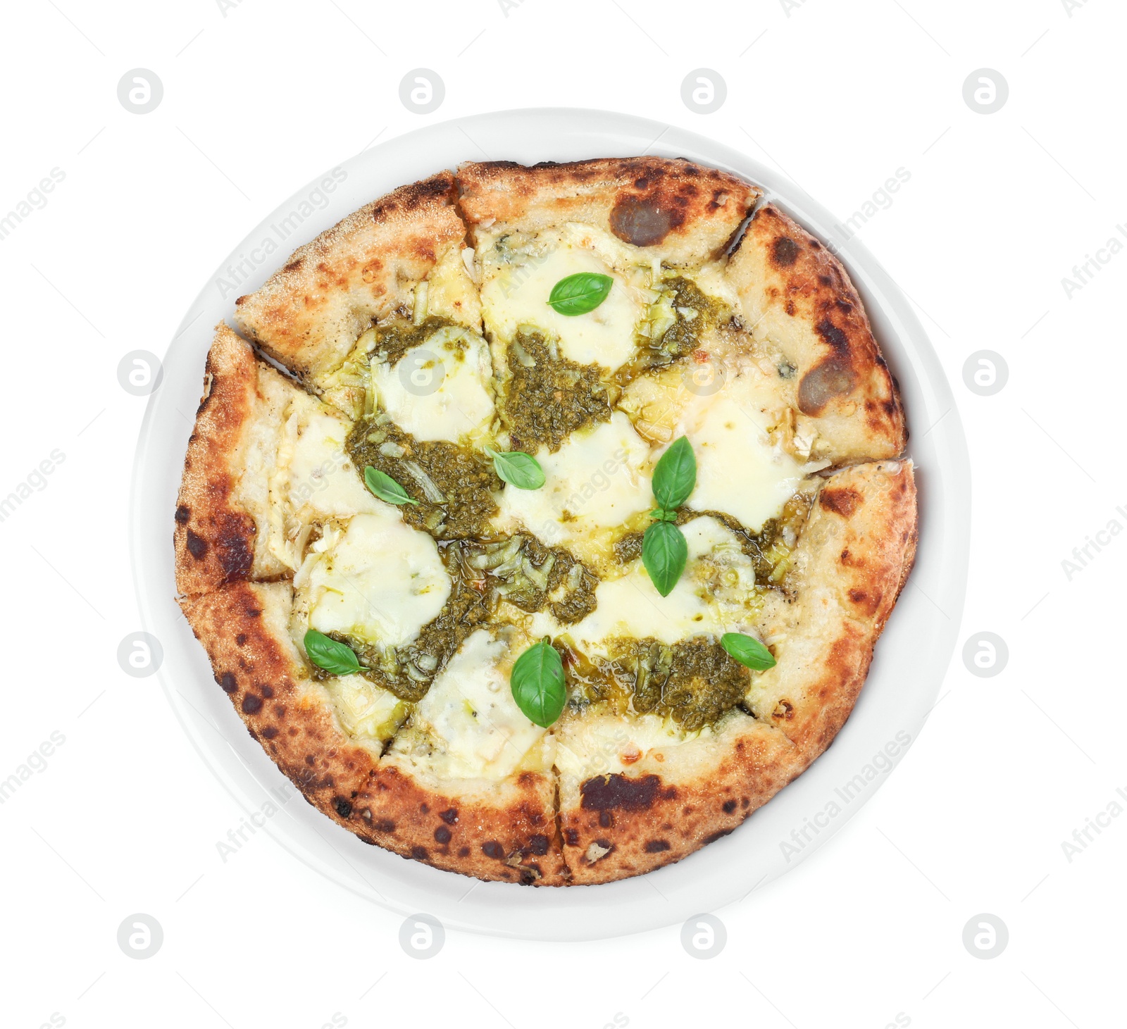 Photo of Tasty pizza with pesto sauce on white background, top view