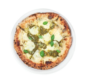 Tasty pizza with pesto sauce on white background, top view