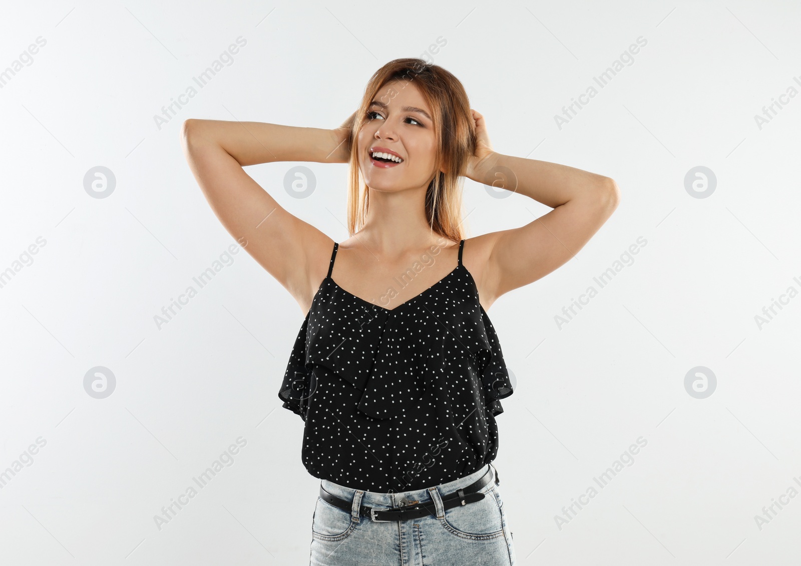 Photo of Portrait of pretty woman on white background