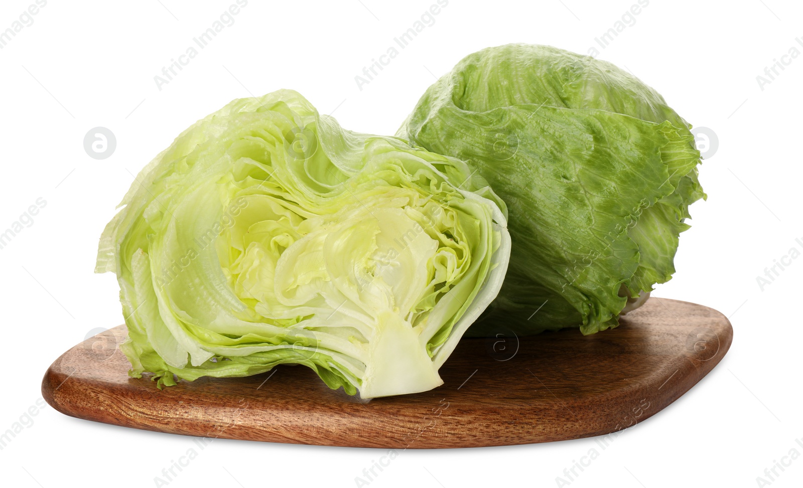 Photo of Whole and cut fresh green iceberg lettuces isolated on white