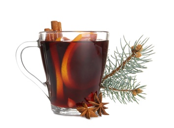 Photo of Cup with red mulled wine on white background
