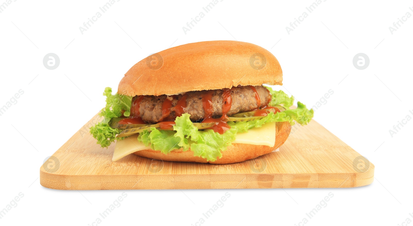 Photo of One tasty burger with patty, lettuce and cheese isolated on white