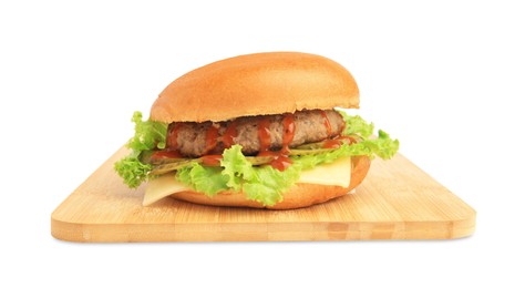 Photo of One tasty burger with patty, lettuce and cheese isolated on white