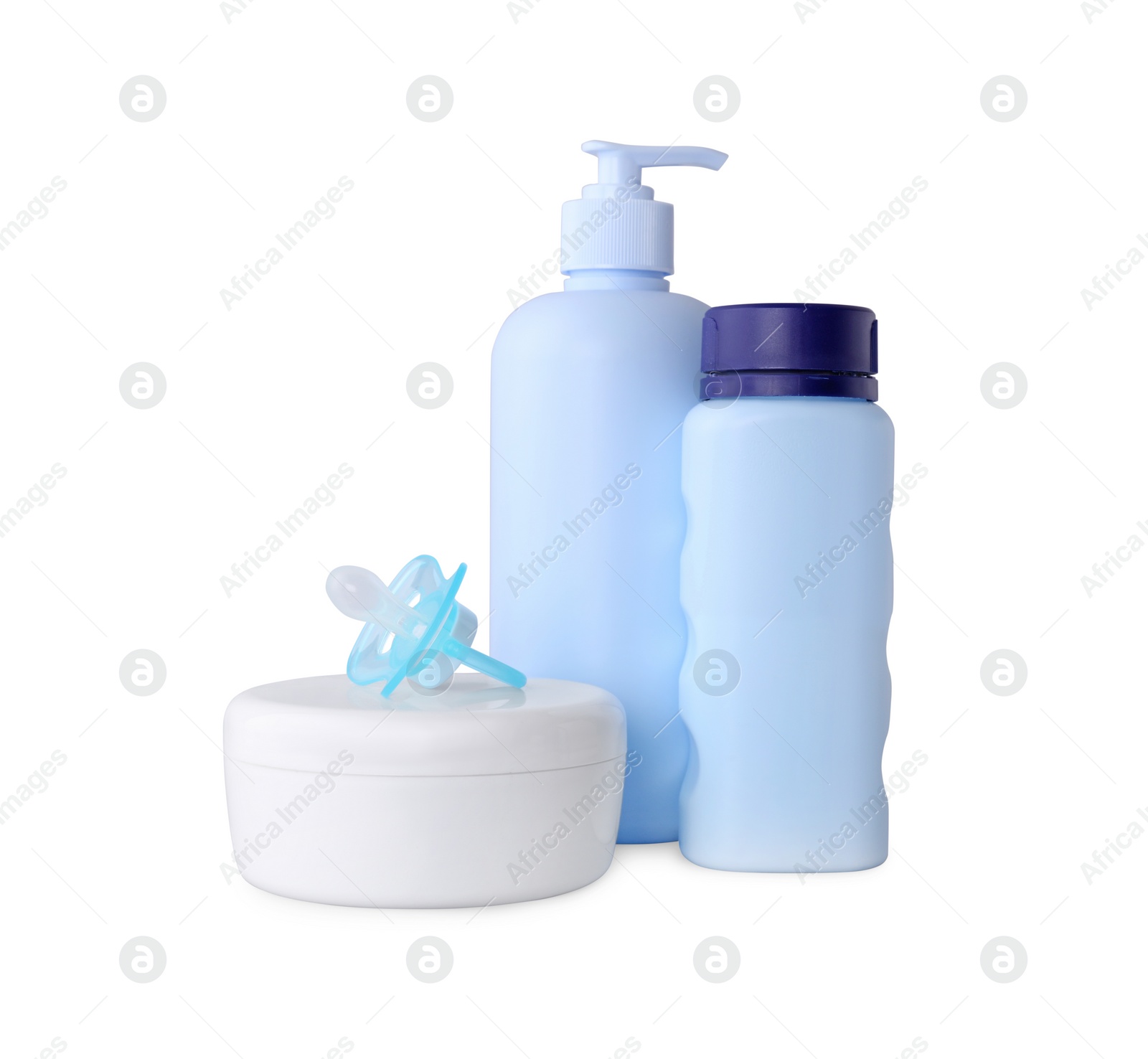 Photo of Baby cosmetic products and pacifier isolated on white