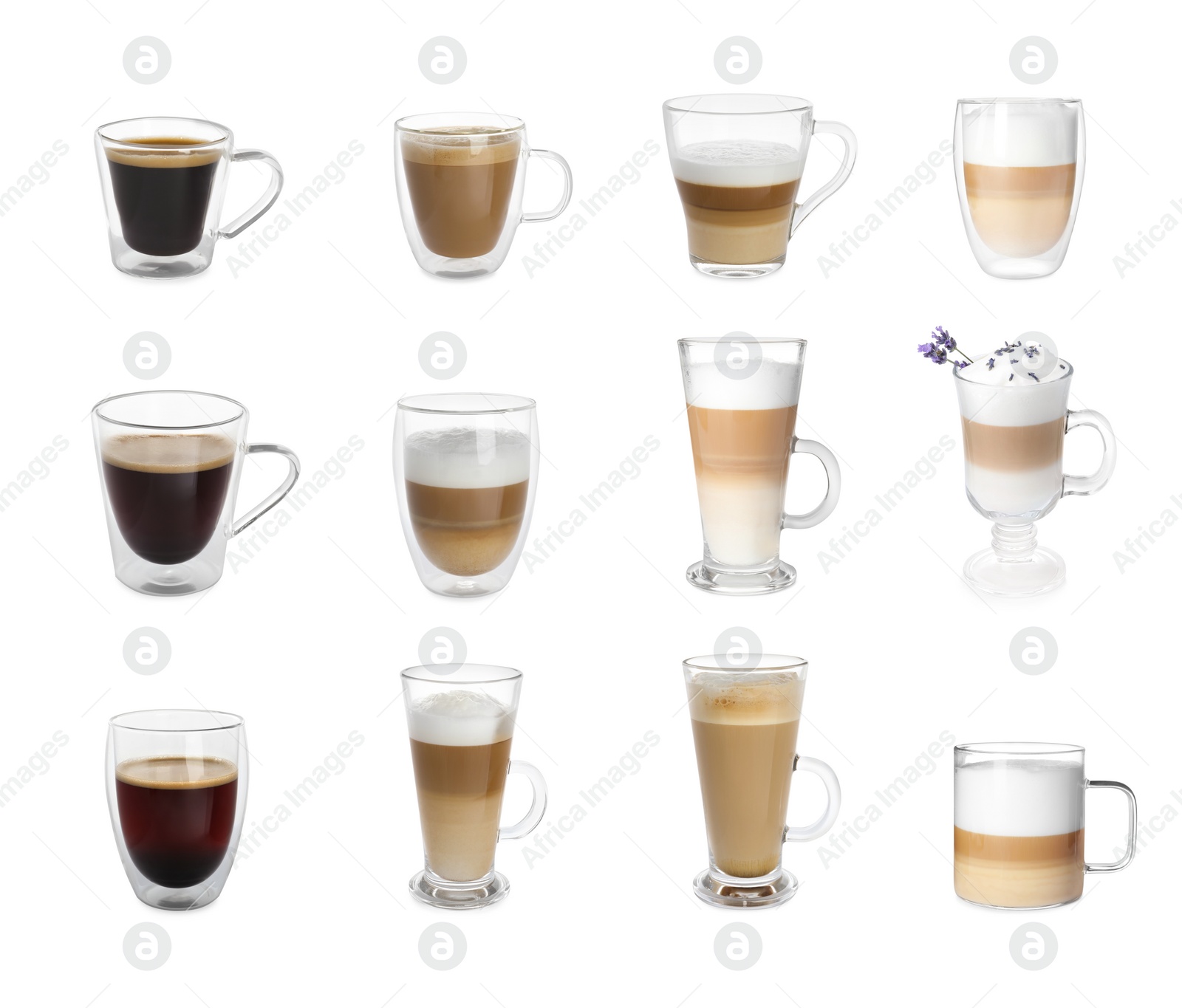 Image of Set with different coffee drinks on white background