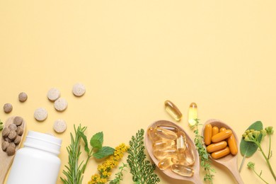 Photo of Different pills, herbs and flowers on light yellow background, flat lay with space for text. Dietary supplements