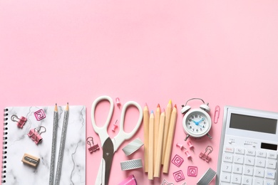 Photo of Flat lay composition with scissors and office supplies on color background. Space for text