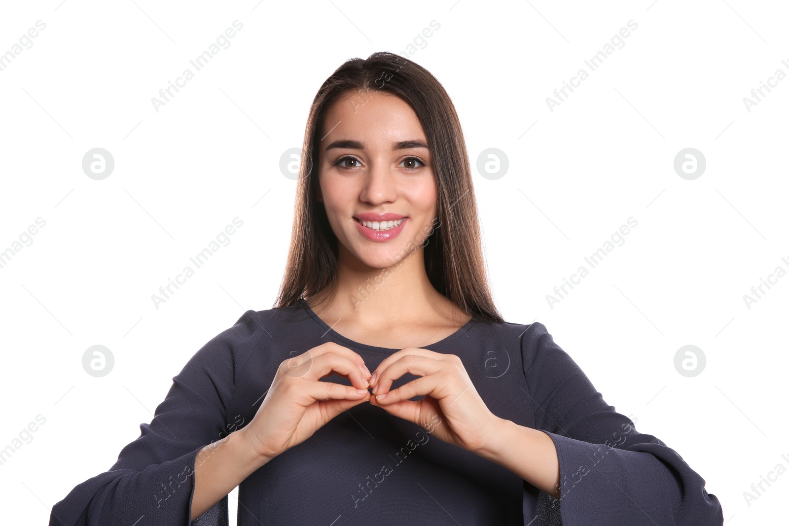 Photo of Woman using sign language on white background