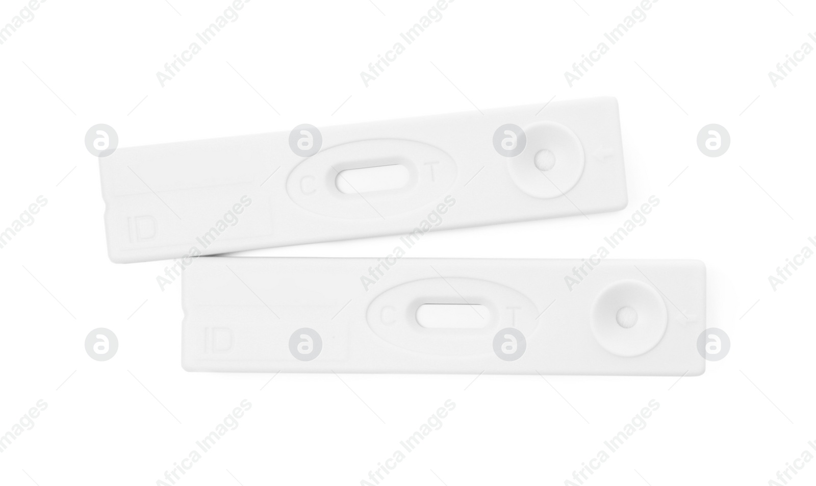 Photo of Two disposable express tests for hepatitis on white background, top view