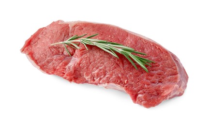 Photo of Piece of raw beef meat with rosemary isolated on white