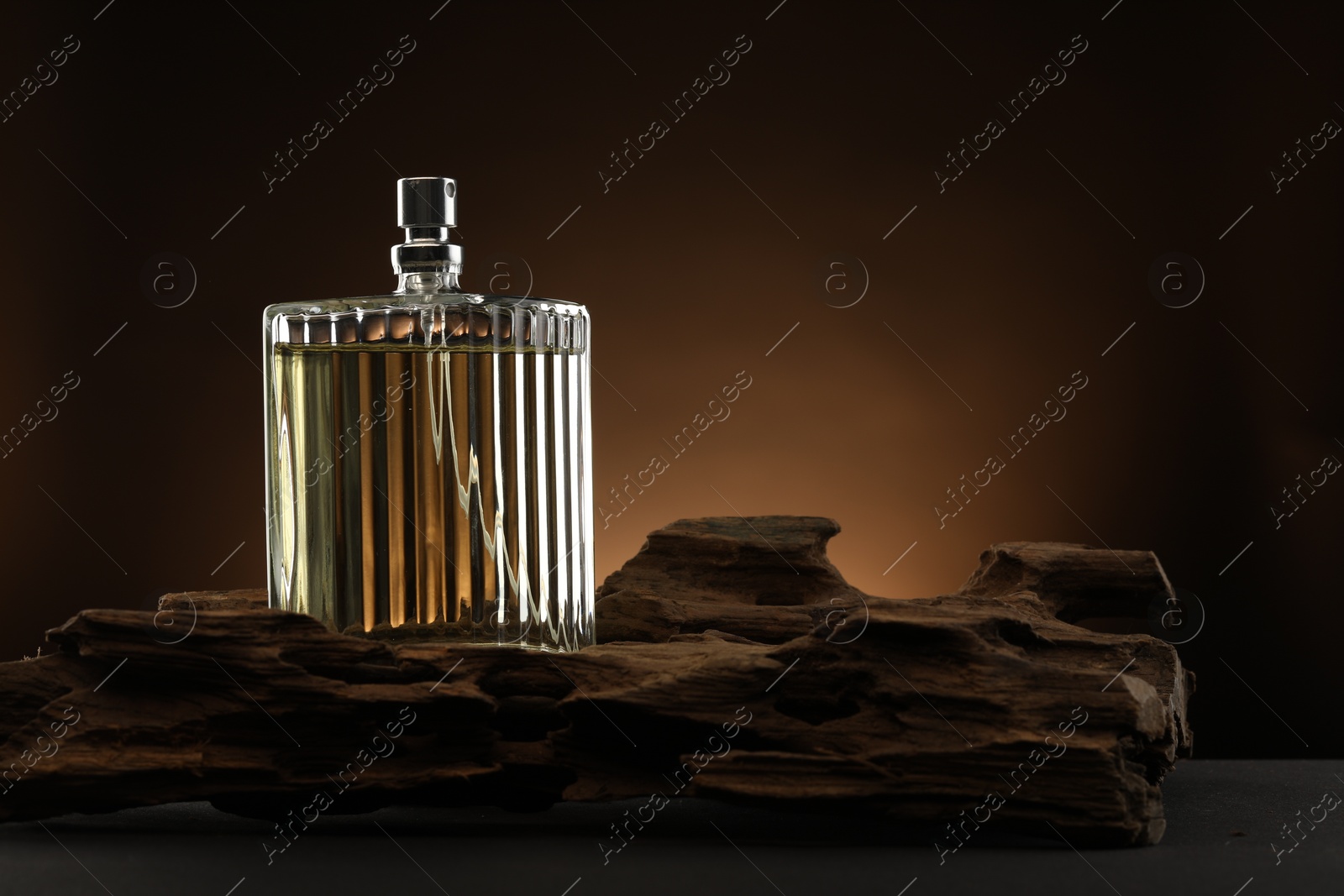 Photo of Luxury men`s perfume in bottle on table against brown background, space for text