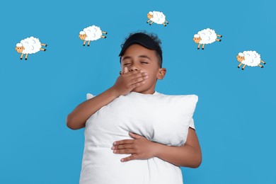 Image of Tired boy with pillow suffering from insomnia on light blue background. Illustrations of sheep running above him