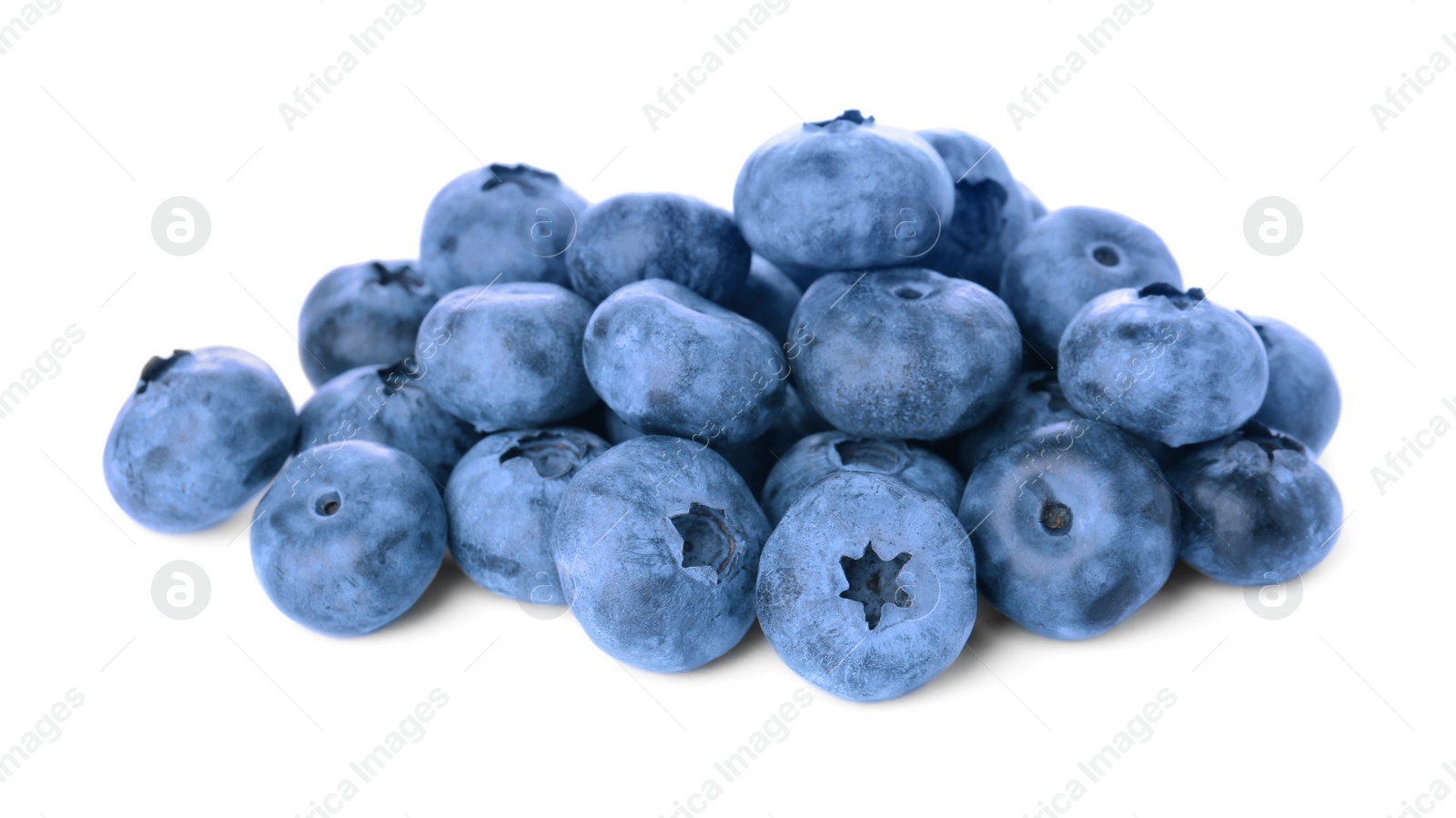 Photo of Pile of tasty fresh ripe blueberries on white background