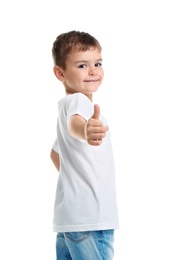 Photo of Little boy in t-shirt on white background. Mockup for design