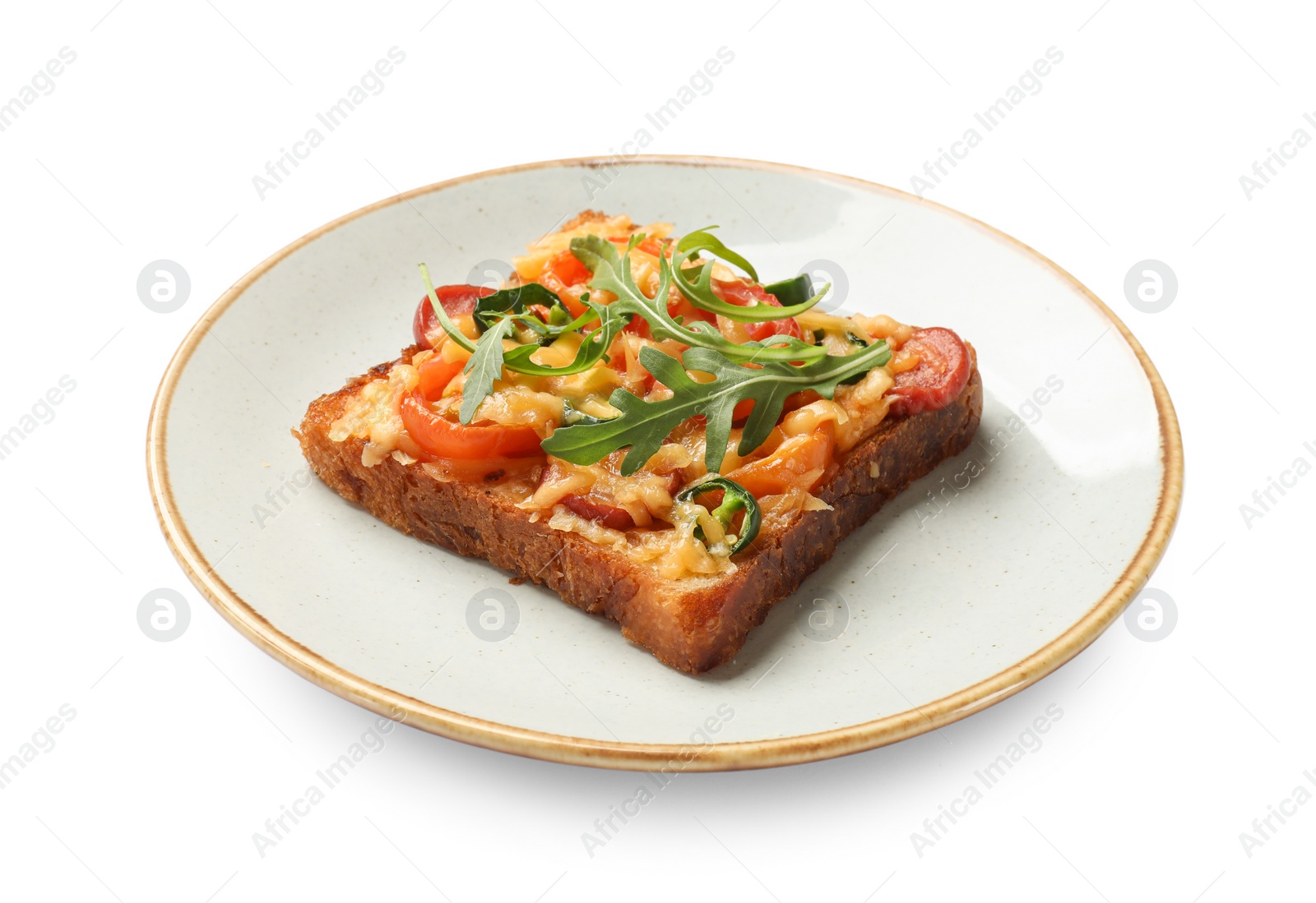 Photo of Tasty pizza toast with cheese, tomato and sausage isolated on white