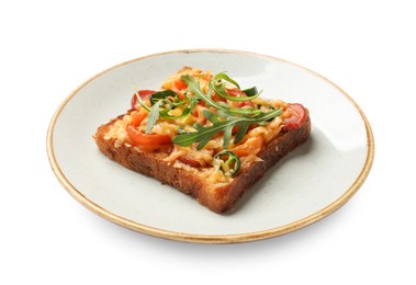 Photo of Tasty pizza toast with cheese, tomato and sausage isolated on white