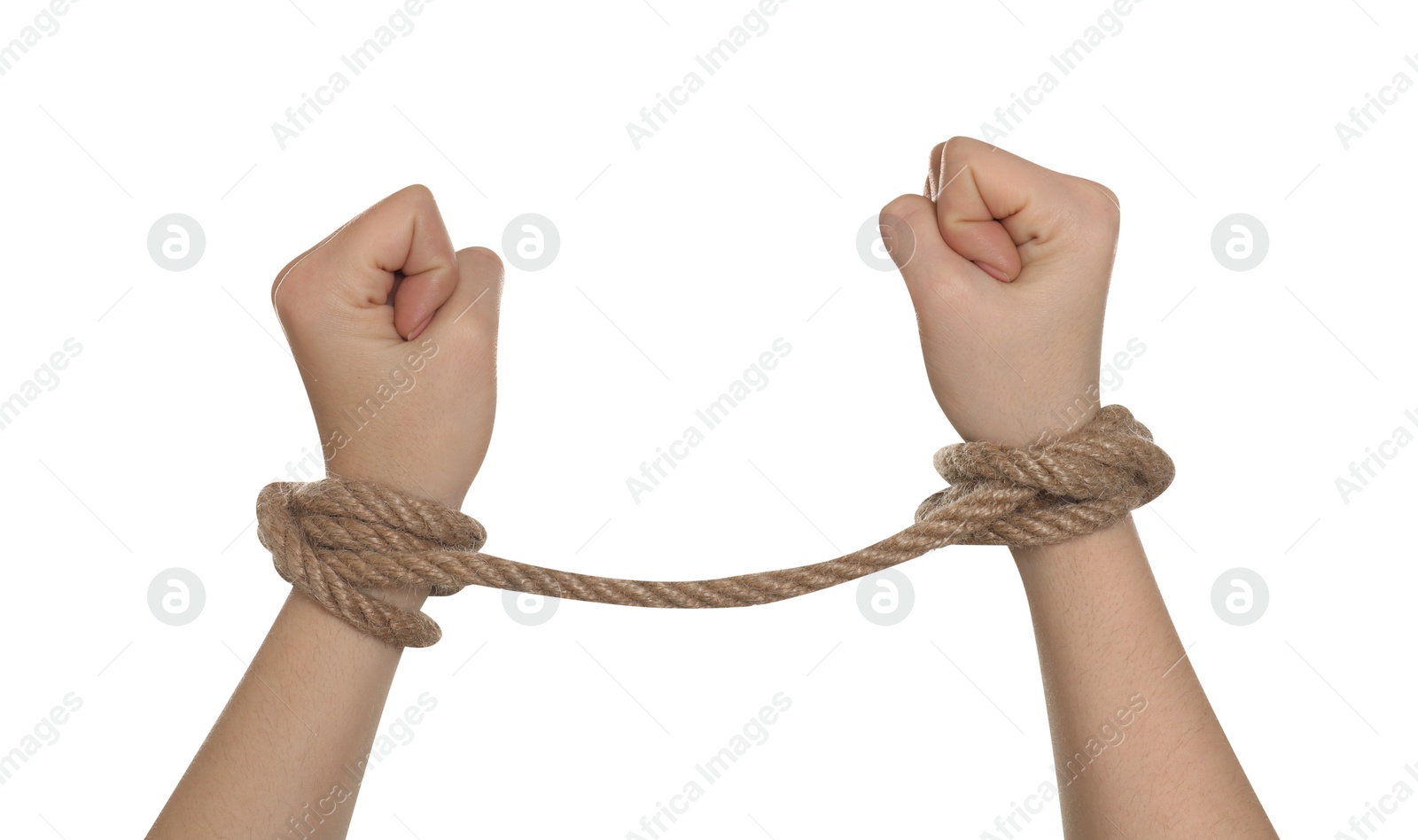 Photo of Freedom concept. Woman with tied arms on white background, closeup