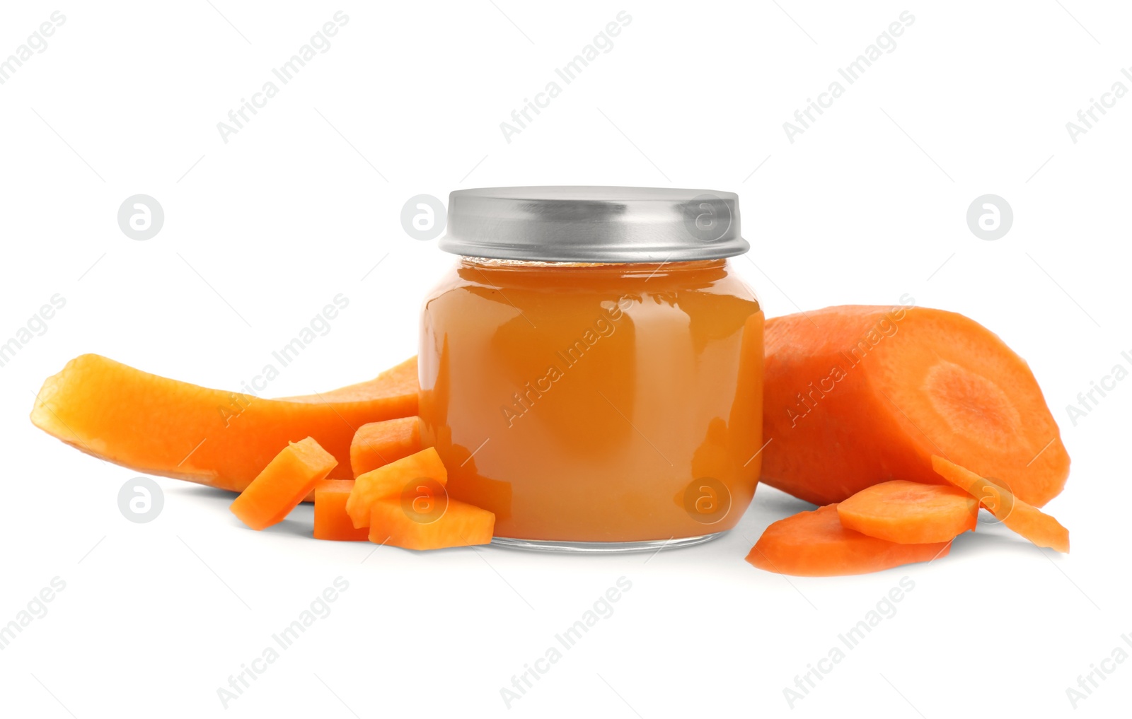 Photo of Jar with healthy baby food, carrot and pumpkin on white background