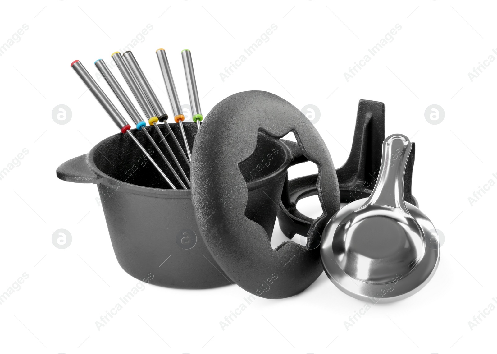 Photo of Fondue set isolated on white. Cooking utensils