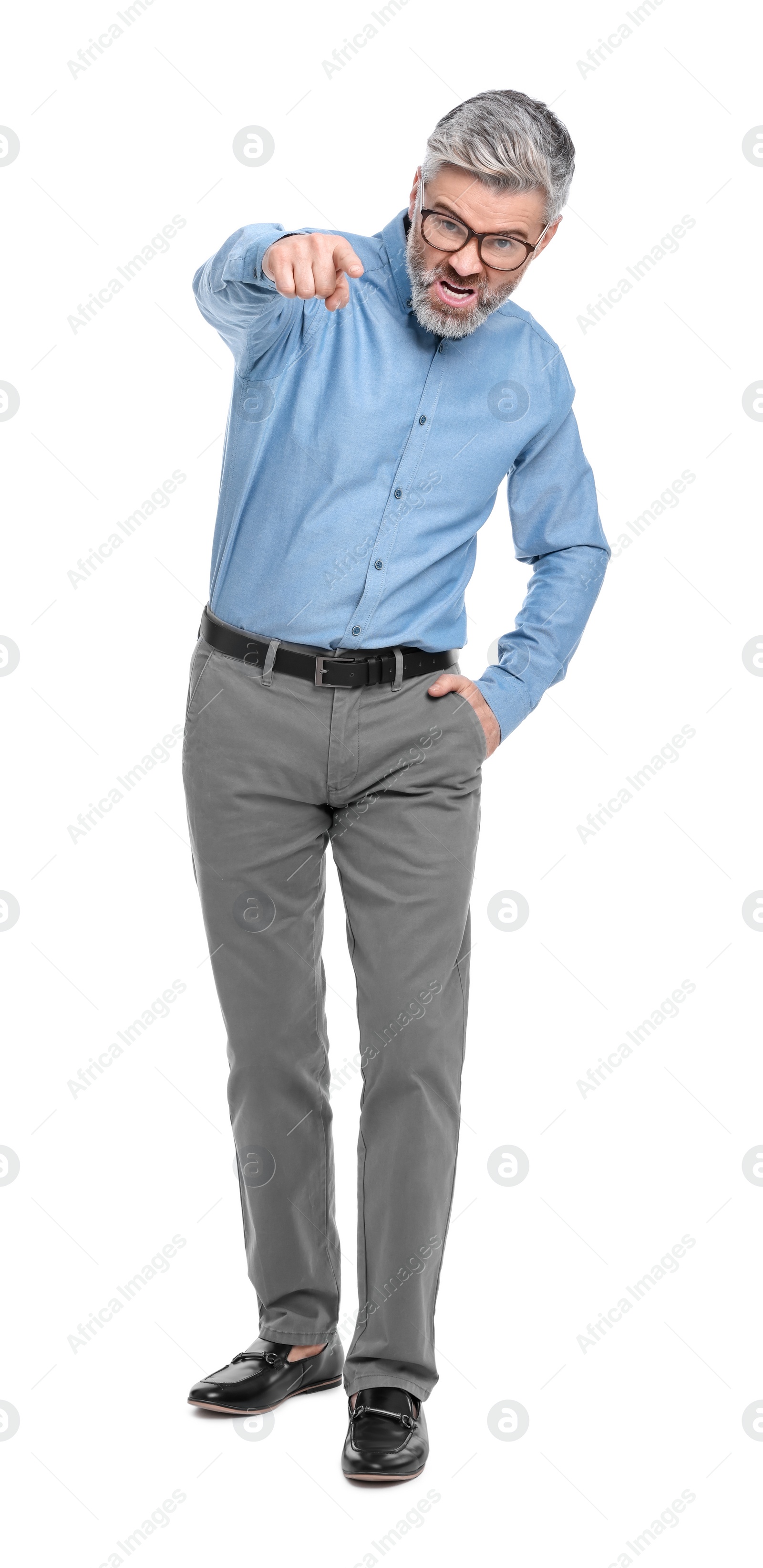 Photo of Mature businessman in stylish clothes posing on white background