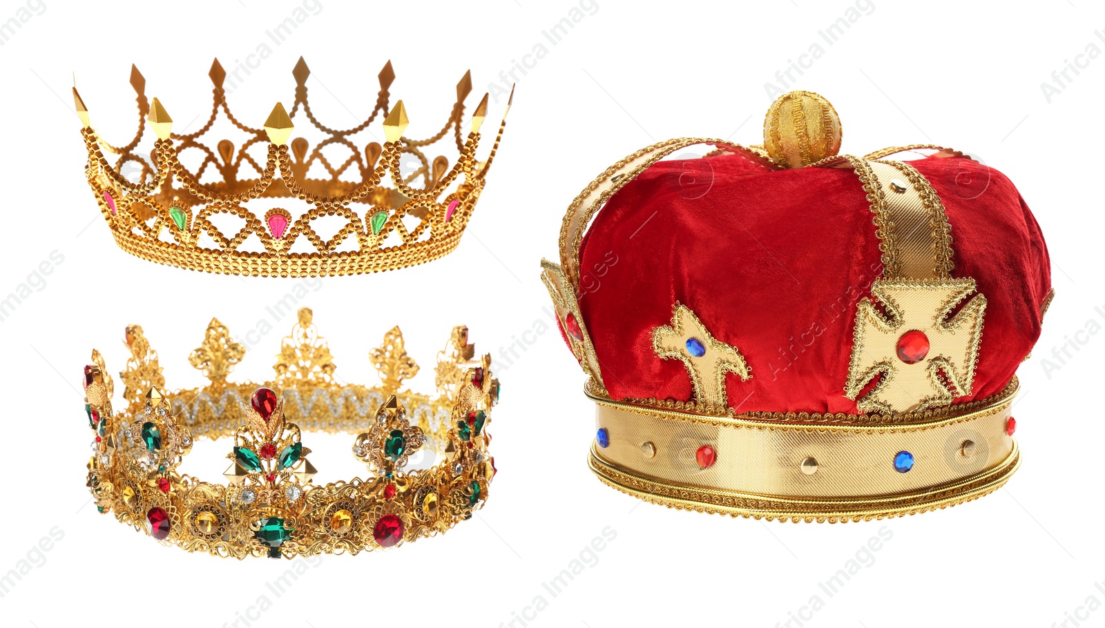 Image of Set of crowns with gemstones on white background 