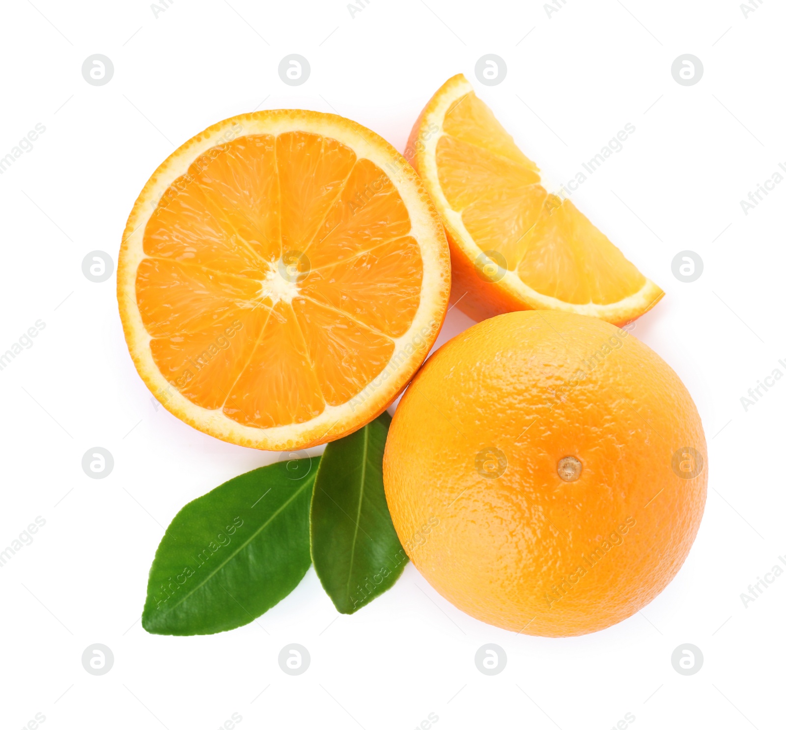 Photo of Fresh oranges on white background, top view