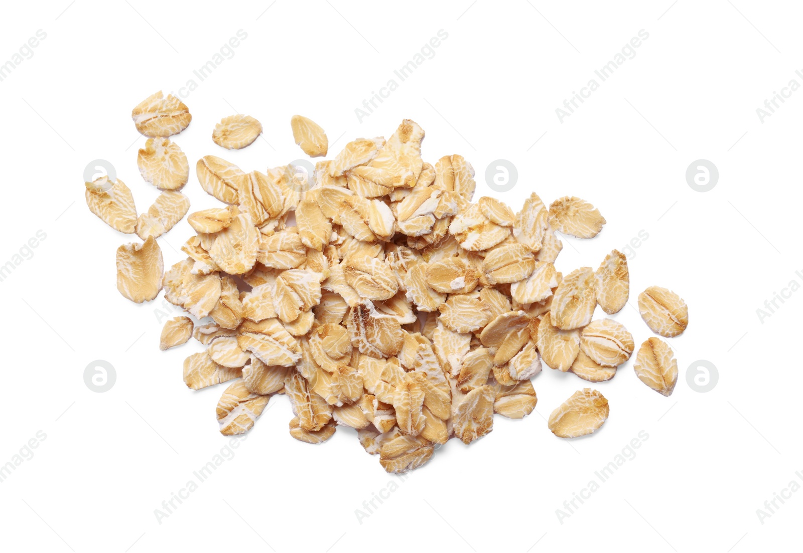 Photo of Pile of rolled oats isolated on white, top view