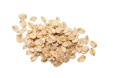 Photo of Pile of rolled oats isolated on white, top view