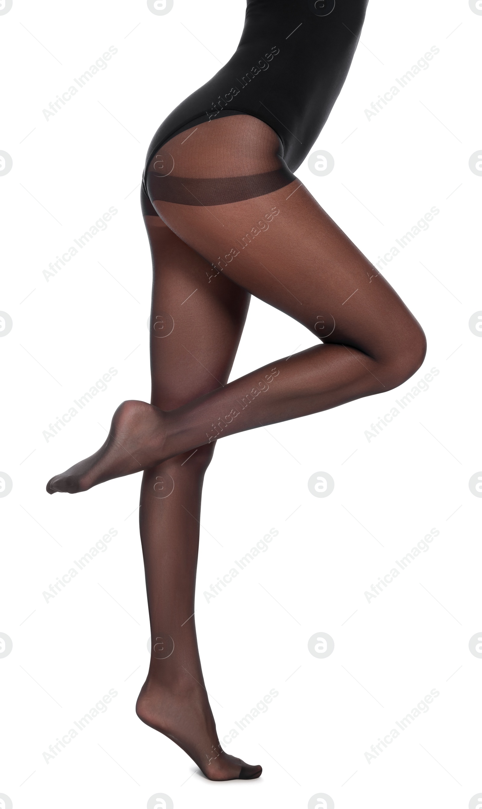 Photo of Woman wearing black tights on white background, closeup