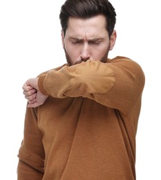 Photo of Sick man coughing into his elbow on white background. Cold symptoms