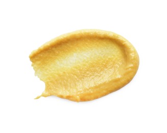 Photo of Smear of delicious mustard isolated on white, top view