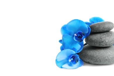 Photo of Spa stones and orchid flowers on white background