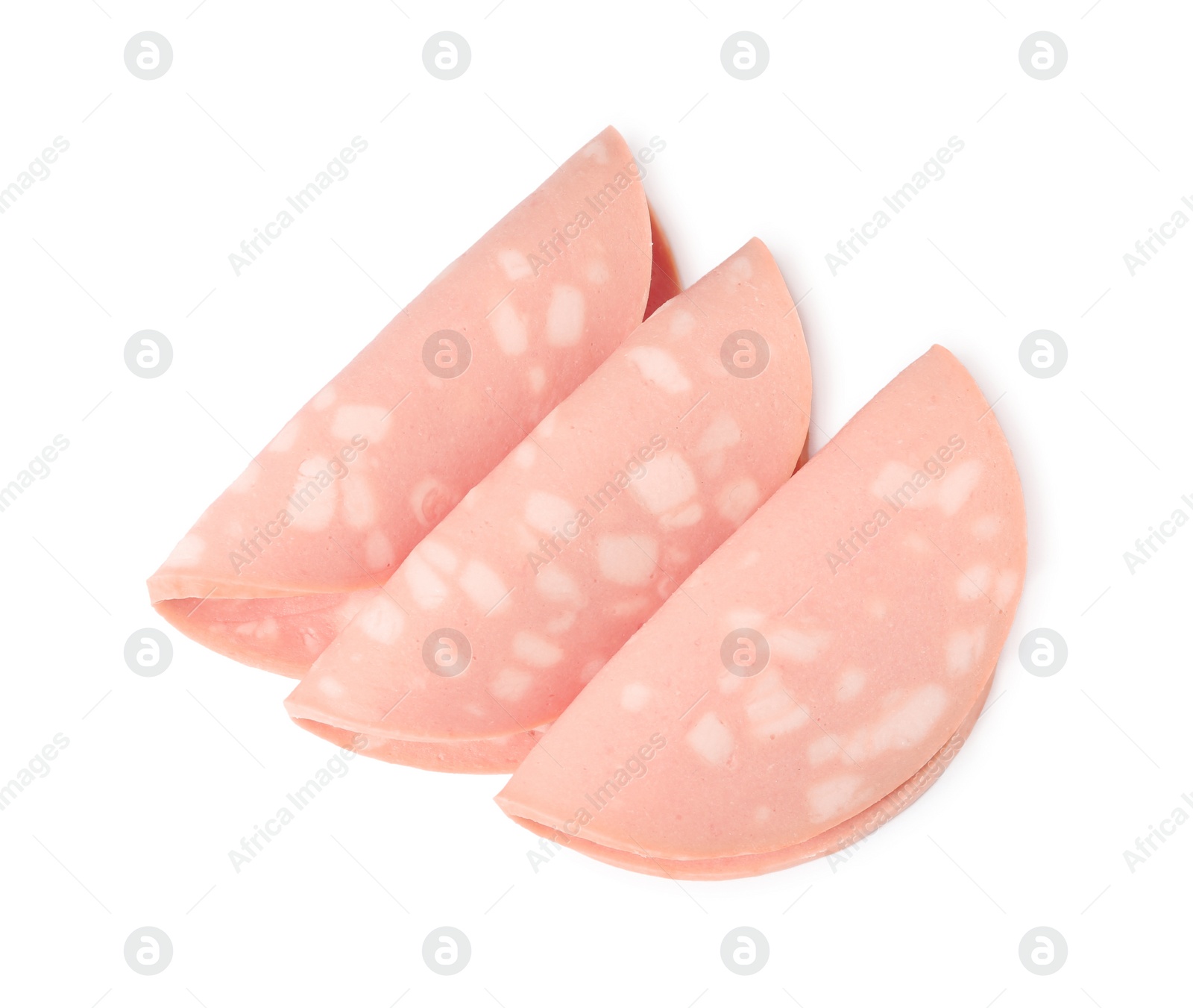 Photo of Slices of delicious boiled sausage on white background, top view