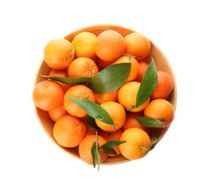 Photo of Fresh tangerines with green leaves in wooden bowl on white background, top view