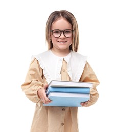 Cute little girl in glasses with books on white background