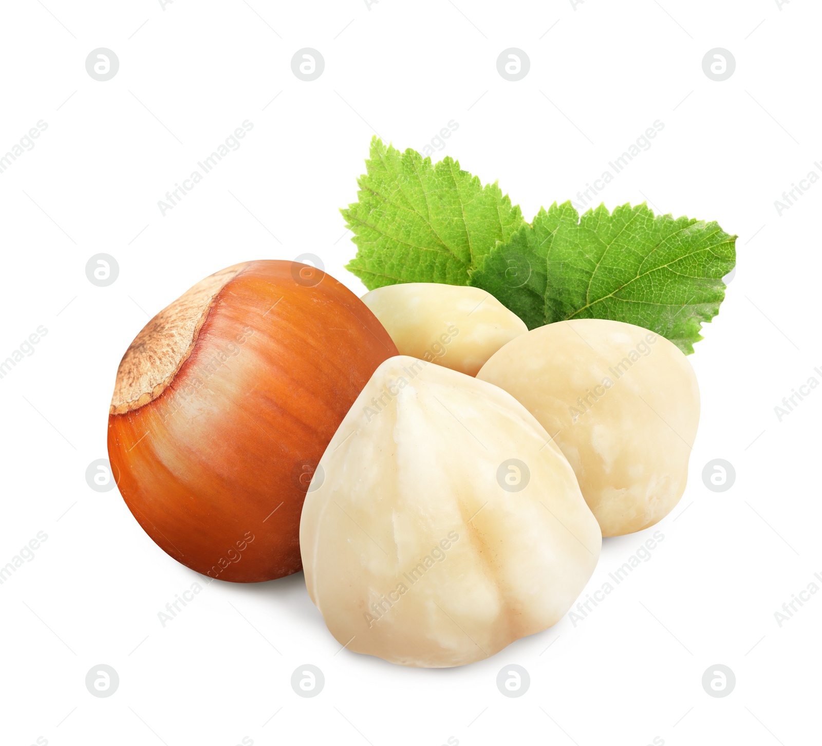 Image of Tasty hazelnuts and green leaves on white background