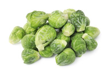 Photo of Heap of fresh green brussels sprouts on white background