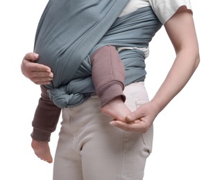 Mother holding her child in baby wrap on white background, closeup