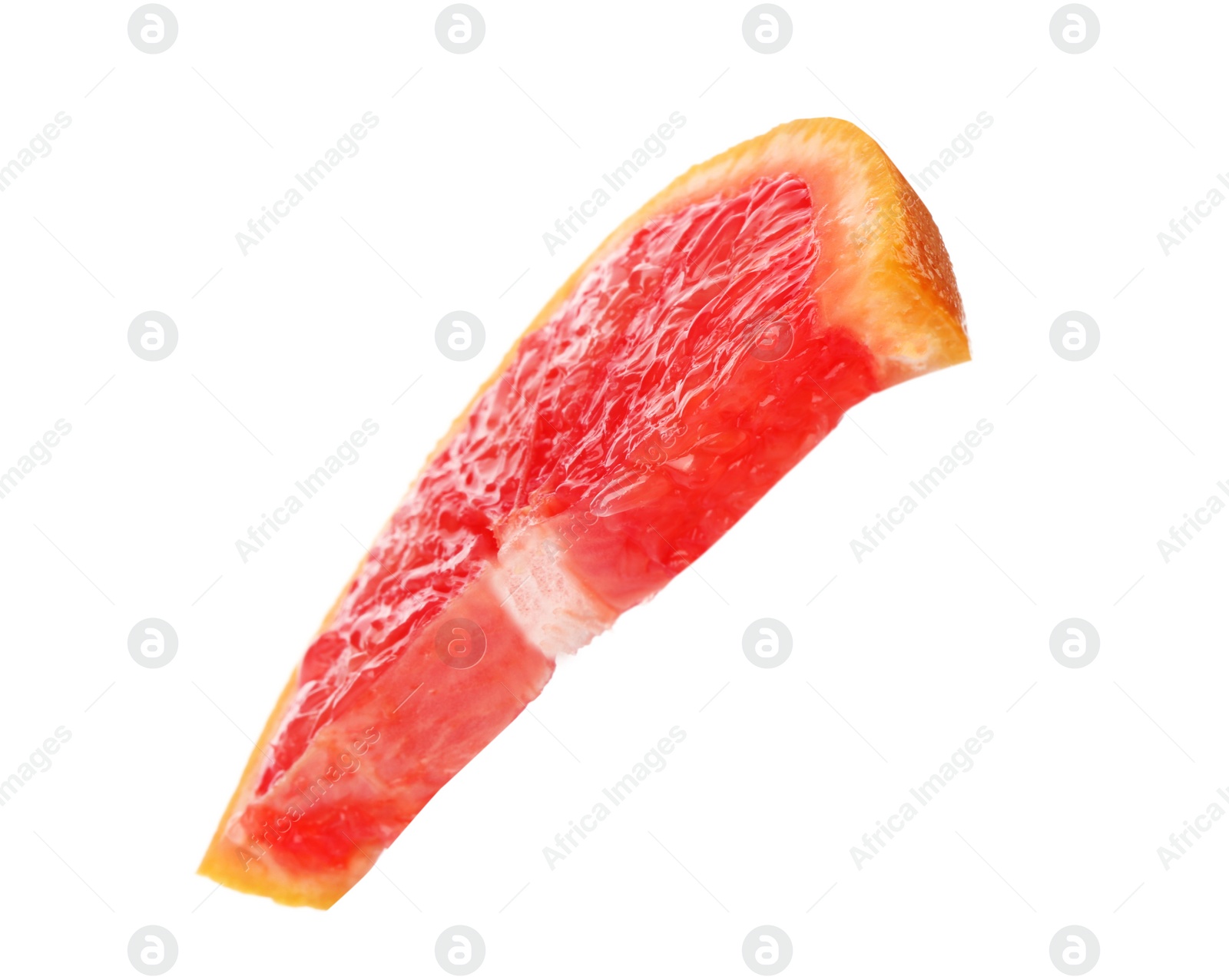 Photo of Slice of ripe juicy grapefruit on white background