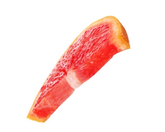 Photo of Slice of ripe juicy grapefruit on white background