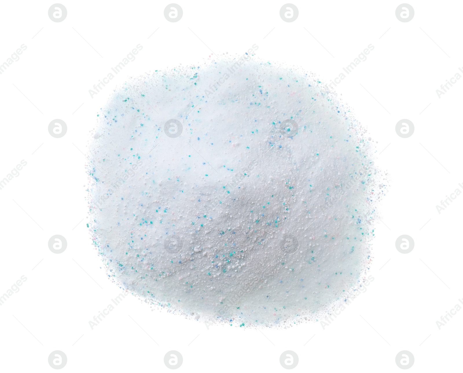 Photo of Pile of laundry powder isolated on white, top view